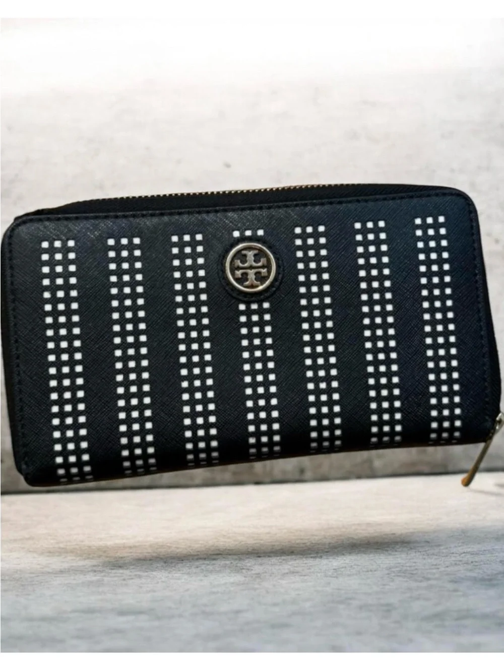 Like New ~ Tory Burch Black Zip-Around Wallet with Studded Grid